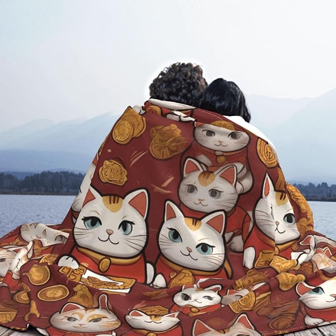Lucky cat 60x50 Printed Soft Fleece Blanket for Sofa Bed and Camping - Cozy Blanket for Travel Picnics Nighttime Use