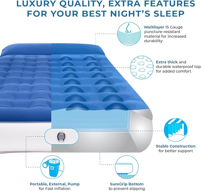 SoundAsleep Dream Series Big Kids Air Mattress with High Speed External Pump - Portable Blow up Bed for Big Kids - Inflatable Air Mattress for Home and Camping