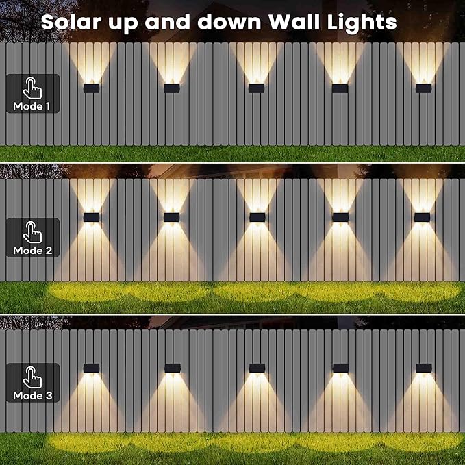 Fence Lights Solar Powered 6-Pack Solar Fence Lights Up/Down Flexible Buttons IP67 Waterproof for Outdoor 100LM Bright Auto Dusk to Dawn for Wall/Stairs/Yard/Railing/Deck/Pathway (Warm White)