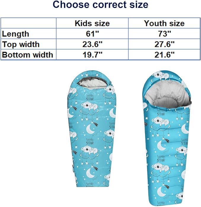 KidzAdventure Mummy Style 32 – 59F Kids Sleeping Bag with Pillow Sleeve 4 Season Lightweight and Backpacking Style Ideal for Camping Sleepover Boys Girls Youth and Toddlers