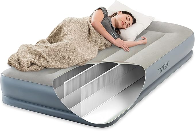 Intex 64115ED Dura-Beam Standard Pillow Rest Air Mattress: Fiber-Tech – Twin Size – Built-in Electric Pump – 12in Bed Height – 300lb Weight Capacity