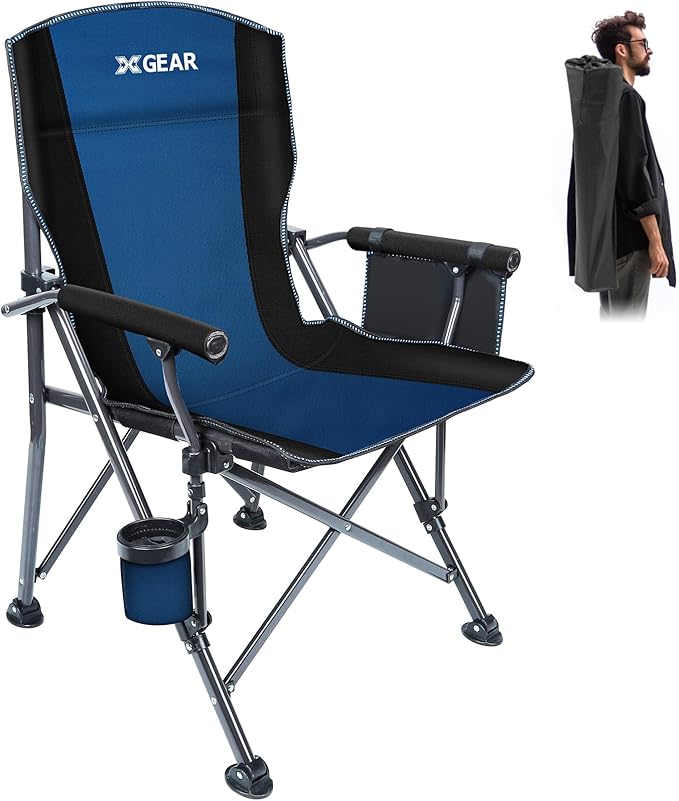 XGEAR Camping Chair with Padded Hard Armrest Sturdy Folding Camp Chair with Cup Holder Storage Pockets Carry Bag Included Support to 400 lbs
