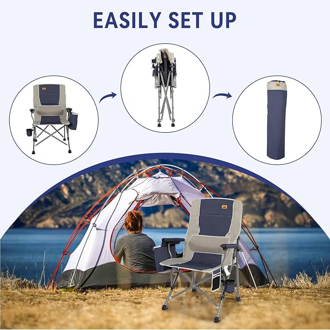 Ablazer Camping Chairs for Adults Support 350 LBS Folding Chairs for Outside Lawn Chairs Heavy Duty with Cooler Bag &amp Cup Holder (Blue &amp Grey)