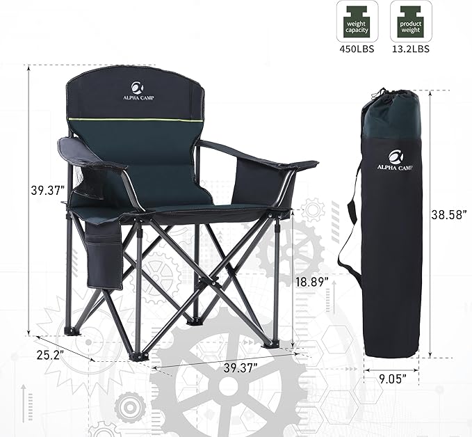 GREEN PARTY Oversized Folding Camping Chairs High Back Heavy Duty Padded Lawn Chair for Adults Support up to 450lbs with Cup Holder Side Pocket Cooler Bag Green