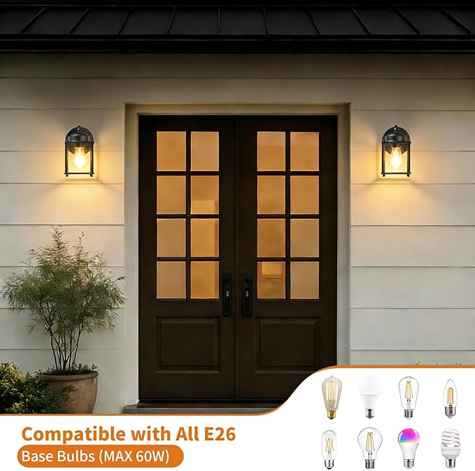 LIT-PaTH Dusk to Dawn Outdoor Wall Lantern Exterior Waterproof Wall Sconce Light Proch Lighting Fixture with E26 Socket Modern Outside Lights for Front Door Garage Patio Black 2 Pack