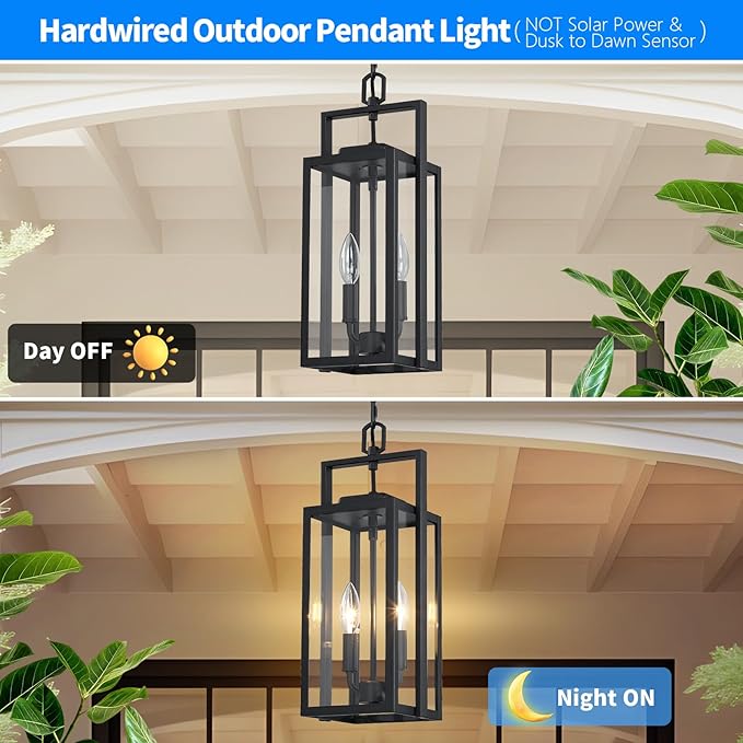 17.8'' Large Outdoor Pendant Light 2-Light Modern Black Metal Outside Chandelier Exterior Hanging Fixture Ceiling Mount with Clear Glass for Front Porch Entrance Entryway 1 Pack