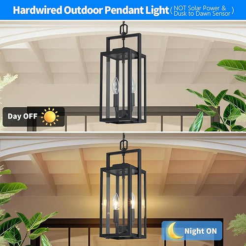 17.8'' Large Outdoor Pendant Light 2-Light Modern Black Metal Outside Chandelier Exterior Hanging Fixture Ceiling Mount with Clear Glass for Front Porch Entrance Entryway 1 Pack