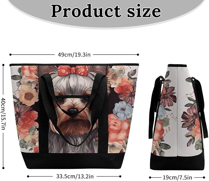 Insulated Shopping BagLarge Reusable Cooler Bags Yorkie Floral Printed Foldable Shopping BagTravel Waterproof Shoulder Bag