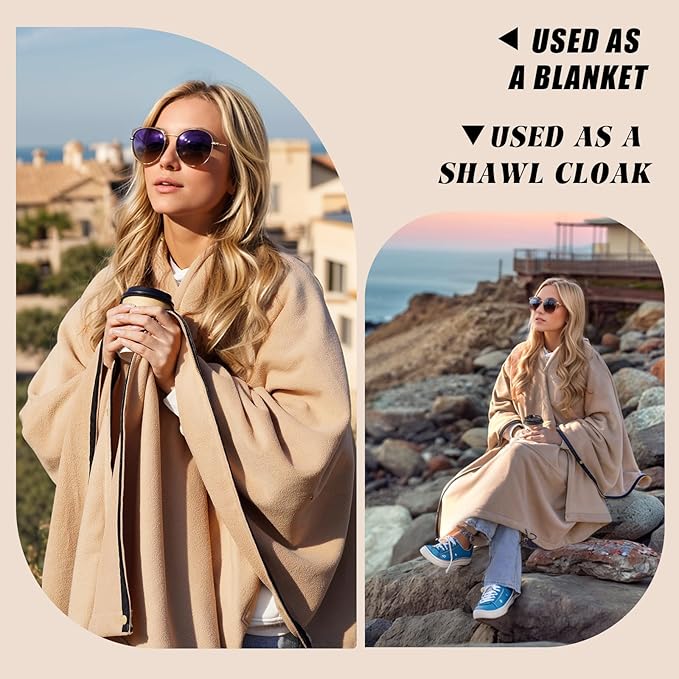 Fleece Wearable Blankets Camping Blanket Poncho 74.5 in * 63 in Warm Comfy Durable &amp Portable Machine Washable for Stadium Concerts Car Travel Sports Hiking Sofa. (Khaki)