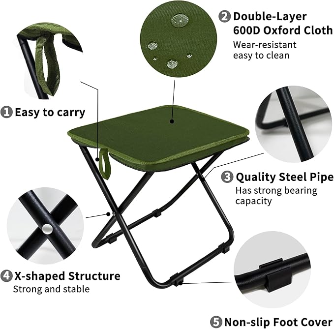 2 Pack Camping Stool 13 Inch Portable Folding Stool for Adults Lightweight Small Foldable Stools for Fishing Hiking Outdoor Gardening-Green