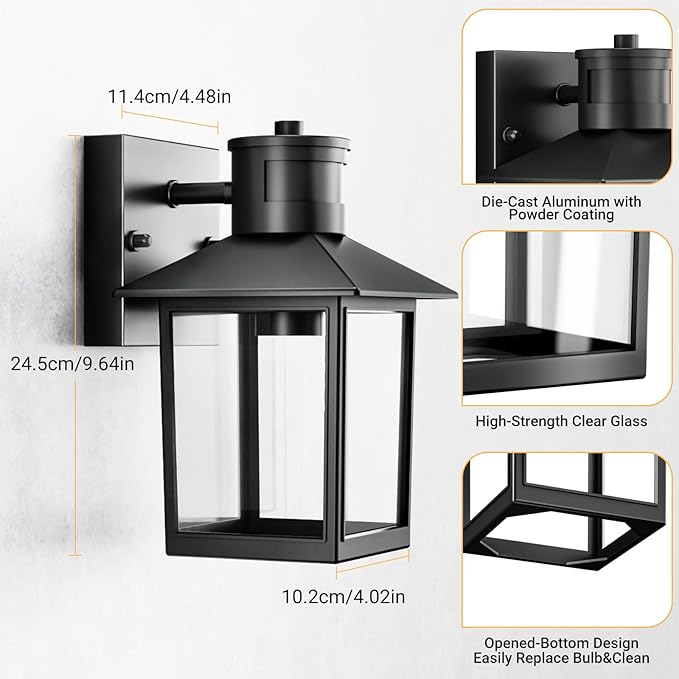 Woolmug 2 Pack Motion Sensor Outdoor Wall Light Fixtures Dusk to Dawn Porch Lights 2 Modes Black Exterior Wall Sconce Lamp with Clear Glass for Patio House Garage Bulbs Not Included