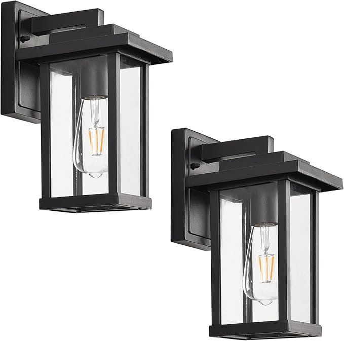 Outdoor Wall Light Fixtures Modern Exterior Wall Mount Lanterns Outside Wall Sconces in Black Finish with Clear Glass for Porch Patio Farmhouse 2-Pack
