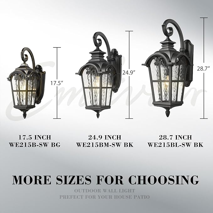 Emliviar Porch Outdoor Wall Lantern Vintage Wall Mount Light Fixture with Water Ripple Glass Matte Black Carriage Light for Yard Barn Patio WE215BM-SW BK