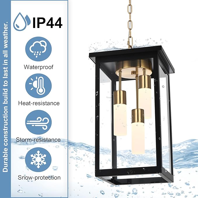 TODOLUZ 3-Light Large Outdoor Pendant Light with Frosted Coloum 5CCT Dimmable Exterior Chandelier Hanging Porch Lighting (3000K/3500K/4500K/5000K/6000K)
