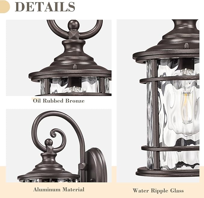Emliviar 15.5 Outdoor Wall Mounted Light Fixture Farmhouse Porch Lighting in Oil Rubbed Bronze Finish Outside Lantern for Yard with Water Ripple Glass Shade XE229B ORB WG