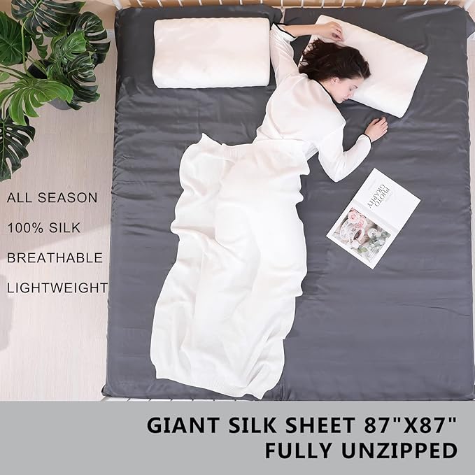 100% Silk Sleep Sack with Zippers on 3 Sides 87”x43” Large Sleeping Liners for Hotels Travel &amp Camping Multifunctional Travel Sheets (Unzipped:87”x87”) for Adults Lightweight All Seasons
