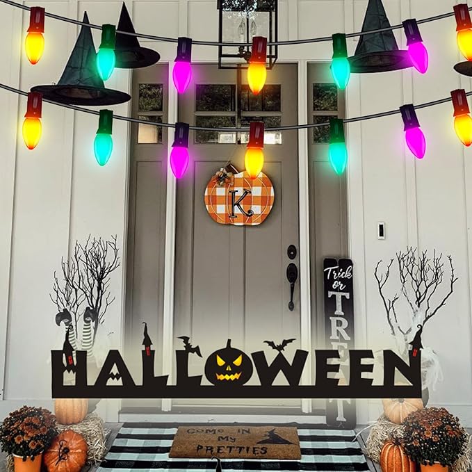 C7 LED Halloween String Lights 25FT Vintage Colorful Lights with 27 Orange/Green/Purple LED Bulbs Outdoor String Lights for Halloween Christmas Tree Party Backyard - Black Wire