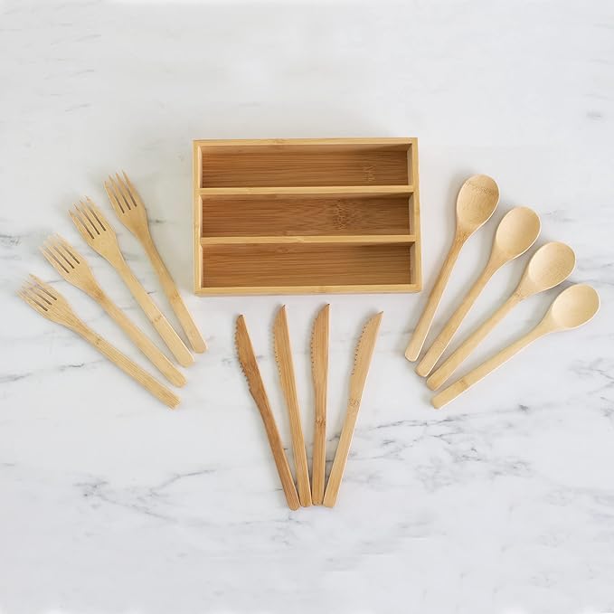 Totally Bamboo 12-Piece Reusable Bamboo Flatware Set with Portable Storage Case Dishwasher Safe