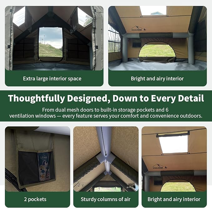 NANJEEN® | Large Luxury Inflatable Camping TentWind &amp Rain Resistant12㎡ Interior2-10 Person Shelter8 Minutes Fast Setup with Hand PumpAll-Season ReadyDual DoorsMosquito-Proof Mesh Windows