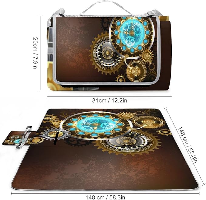 Vintage Steam Punk Clock Art Waterproof Outdoor Picnic Blanket Sandproof Beach Mat for Camping Hiking Grass Travelling