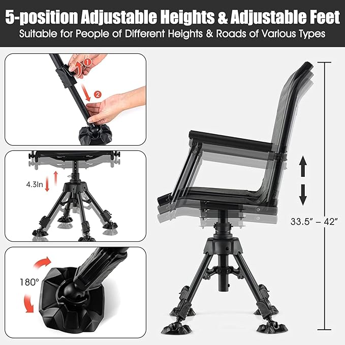 DORTALA Portable Hunting Chair 360 Degree Swivel Hunting Blind Chair w/Adjustable Height Comfortable Armrests Folding Deer Hunting Seat for Blinds Camping 330 LBS Weight Capacity Black