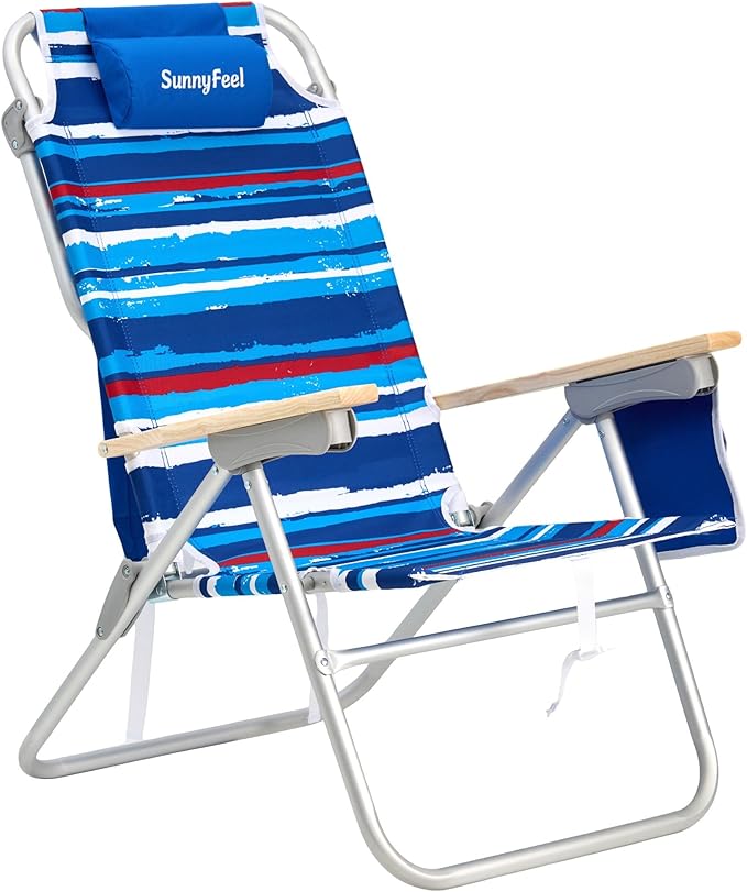 SUNNYFEEL Tall Beach Chair Reclining Beach Chair with 5-Position Portable Camping Chair for Adults with Wood Armrest Lightweight Camping Chair 300 lbs Heavy Duty Blue Stripe