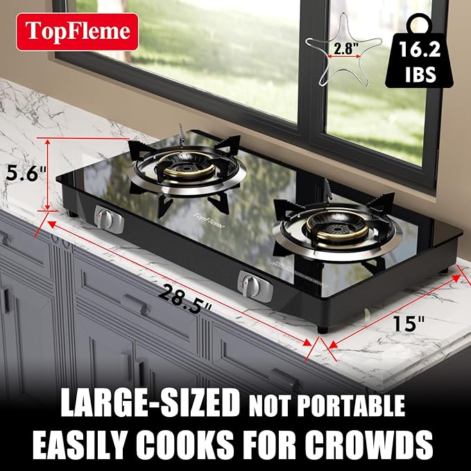 2 Burner Propane Stove 27200 BTU High-Efficiency Tempered Glass Auto-Ignition Gas Burner Stove Top with CSA Hose for Outdoor RV Camping Emergency Cooking