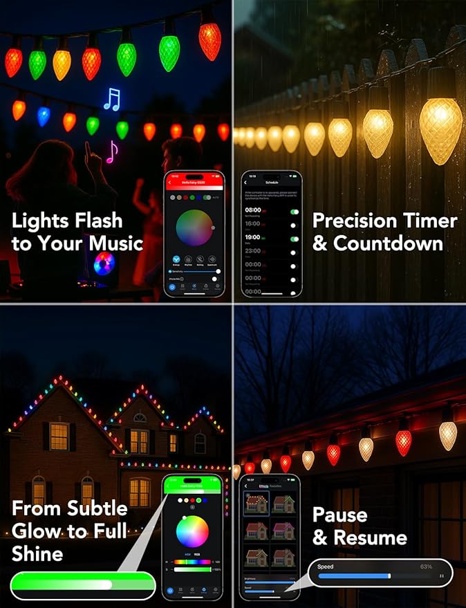 Popotan C-9 LED Christmas Lights Outdoor 33FT 50 LEDs Smart RGB String Lights with App Remote Control 108 Modes Waterproof for Porch Fence Holiday DecorationHalloween Lights