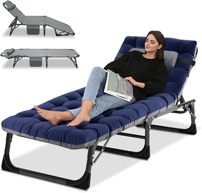 Camping Cot Adjustable 4-Position Adults Reclining Folding Chaise with Pillow Outdoor Portable Lounge Chair Sleeping Cots Bed Perfect for Camping Pool Beach Patio Navy Blue