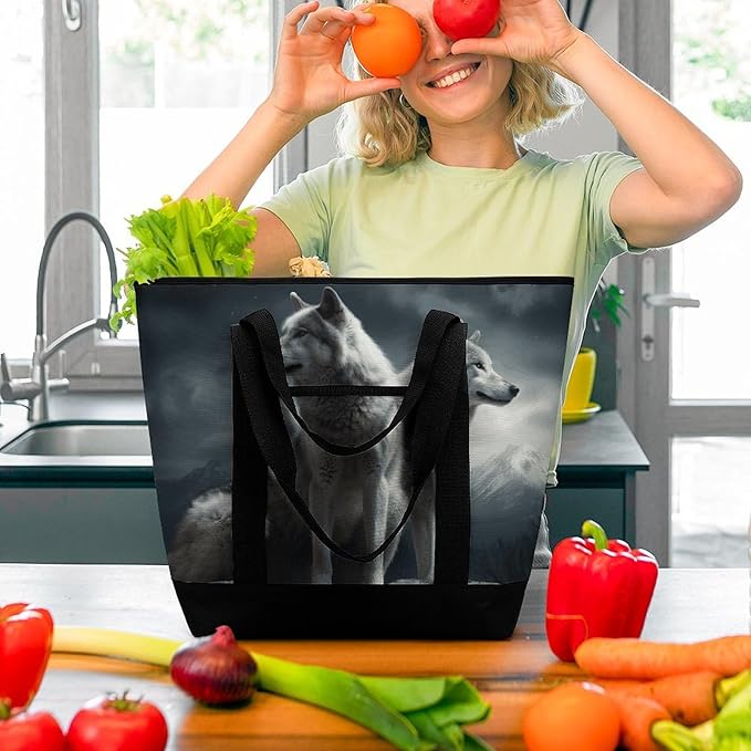 Insulated Shopping BagLarge Reusable Cooler Bags Wolf at Night Printed Foldable Shopping BagTravel Waterproof Shoulder Bag