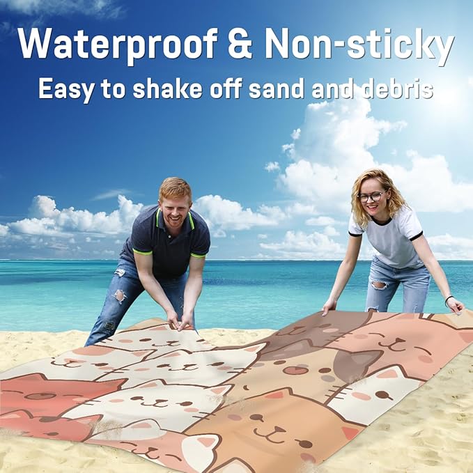 Waterproof Sandproof Beach Blanket 59''×68'' Animal Family Polyester Outdoor Picnic Blanket with 4 Stakes &amp Storage Bag for BeachCampingVacation White &amp Brown