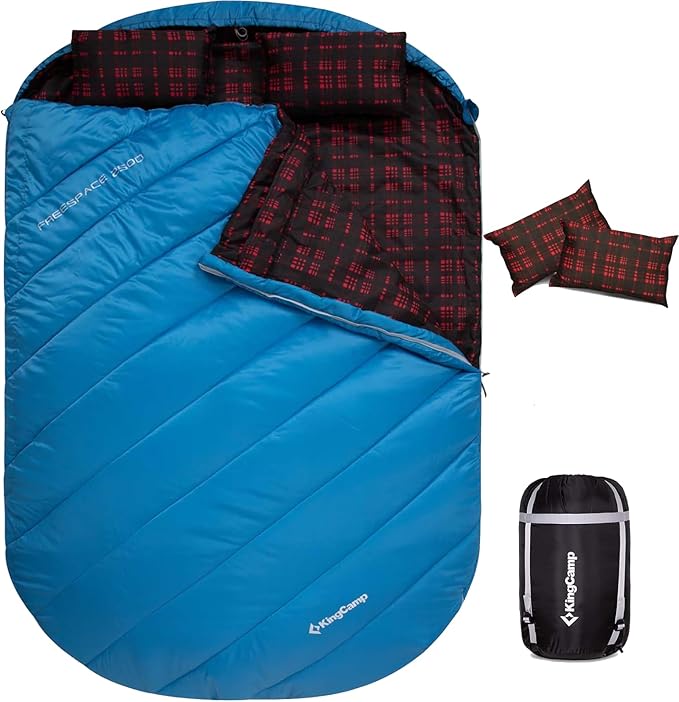 KingCamp Double Sleeping Bag for Adults Queen Size 2 Person XXL Flannel Sleeping Bag Waterproof Lightweight Flannel Quilt with 2 Pillows Perfect for Couples Family Camping Hiking