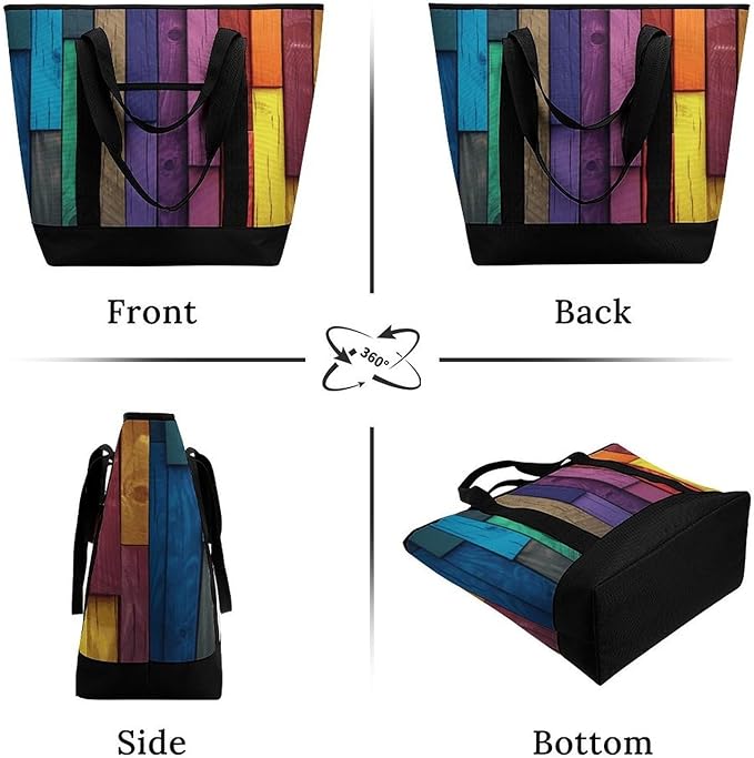 Insulated Shopping BagLarge Reusable Cooler Bags Colored Wood Printed Foldable Shopping BagTravel Waterproof Shoulder Bag