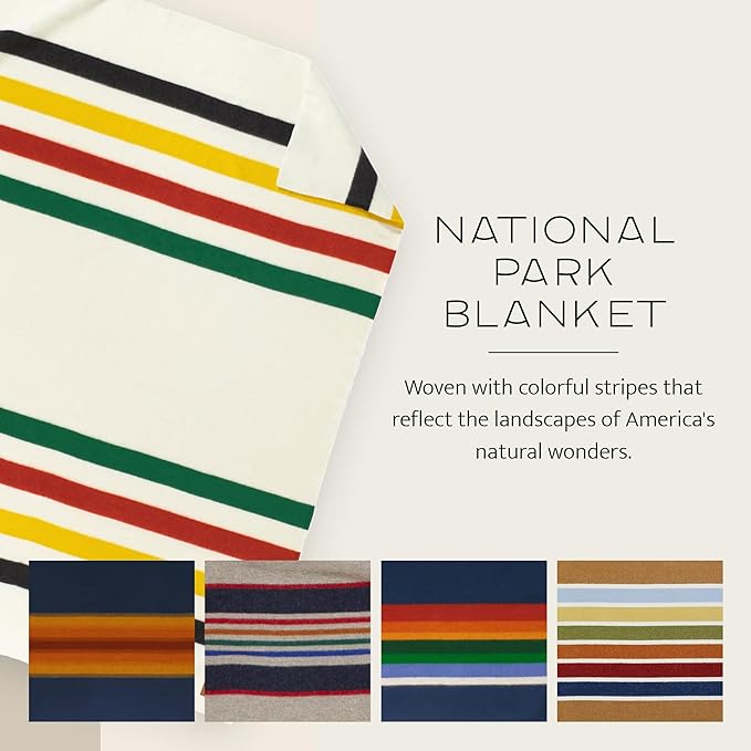 Pendleton National Park Blanket Queen 90 x 90 - 100% Wool Soft and Durable Throw for Home &amp Outdoor Adventures Iconic Park Stripes Collectible Keepsake - Crater Lake Navy