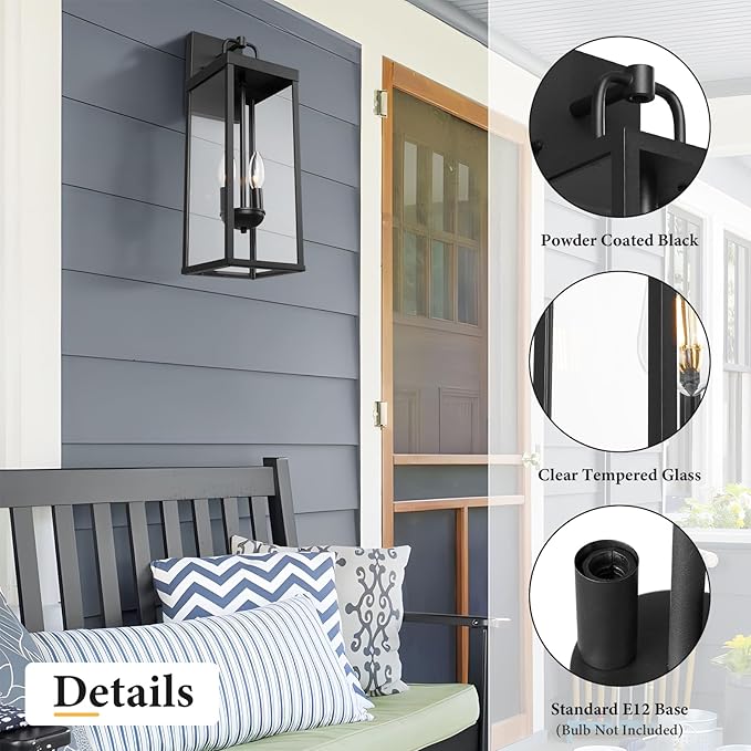 Outdoor Wall Sconce Light 20 Inch Tall Transitional Exterior Wall Bracket Lighting with Clear Glass Anti-Rust Powder Coat Black Modern Outside Lantern for Front Porch Corridor Doorway Patio
