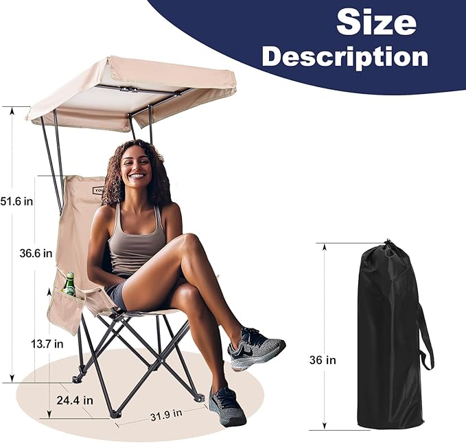 YOUNG WOOD Camping Chair with Canopy Beach Chair with Shade Portable Fold Lightweight Oversized Suit for All Easy to Open Without Installation Side Pocket Design for All Outdoor ActivitiesKhaki