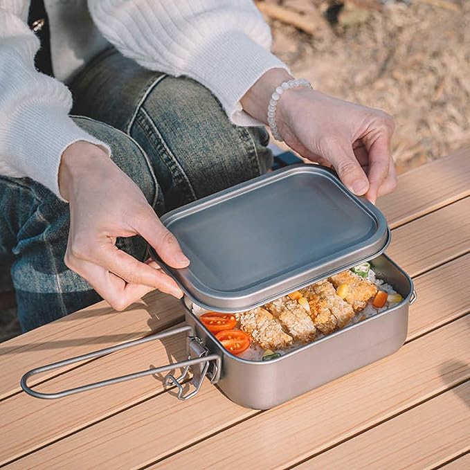 1200ml Titanium Lunch Box Leak-Proof Lid &amp Folding Handle Camping Cookware Lightweight Outdoor Cooking Pan for Backpacking Hiking Picnic &amp Travel RT039T