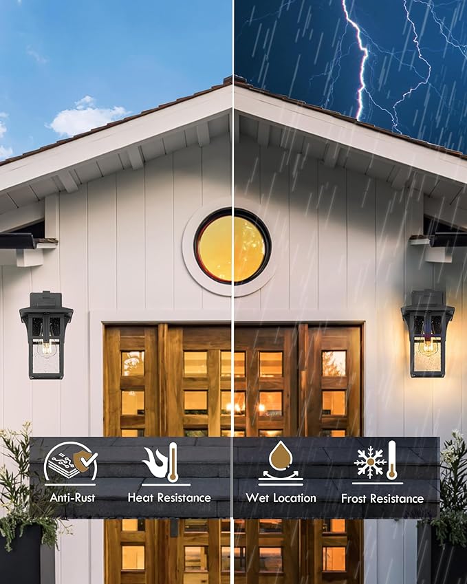 HWH INVESTMENT Outdoor Indoor Wall Sconce Exterior Wall Lantern with Seeded Glass Shade Waterproof Porch Light Fixtures for Doorway Hallway Garage Matte Black 5HX62B BK