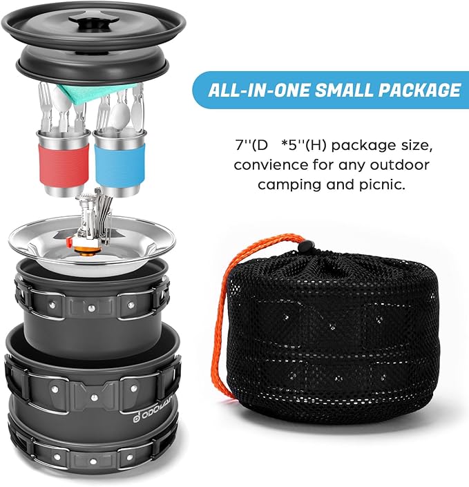 Odoland 16pcs Camping Cookware Mess Kit with Folding Camping Stove Non-Stick Lightweight Pots Pan Set with Stainless Steel Cups Plates Forks Knives Spoons for Camping Backpacking Outdoor Cooking