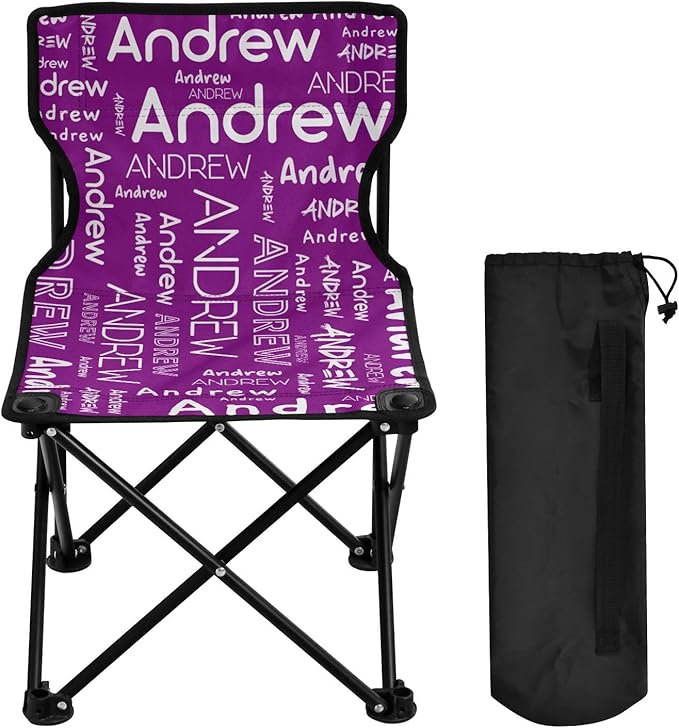 Sinestour Purple Custom Folding Camping Chair for Teen Child Personalized Name 14.6×14.6in Portable Outdoor Chair with Carry Bag for Picnic Lawn Travel