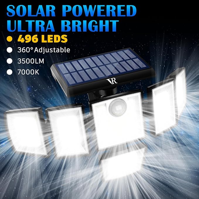Solar Motion Sensor Flood Lights Outdoor - 496LEDs 3500LM 3 Lighting Modes 3 Levels Brightness 6 Heads 360° Illumination IP65 Solar Security Lightsfor Porch Yard Patio Garage(2 Packs)