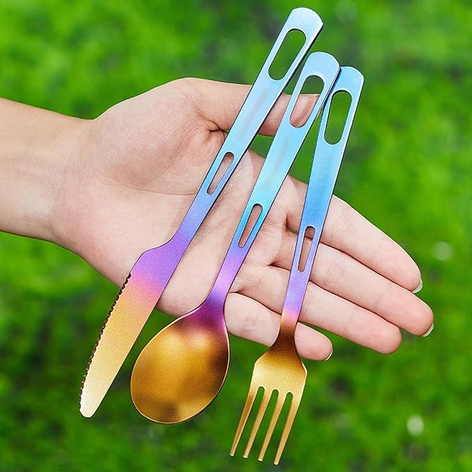 Titanium Cutlery Set Camping Utensils for Hiking &amp Travel 3-Piece Fork Spoon Knife Lightweight Portable Flatware Gradient Color Non-coating Dishwasher Safe RT142T (1 set)