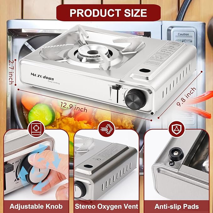 Dual Fuel Camp Stove with Butane and Propane Compatibility 10500 BTU Portable Camping Stove with Carrying Case Storage Bag Adapter Hose Wind Guard Outdoor Camping Essentials
