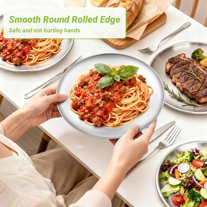 Metal Dinner Plate 10 Pack 10.2 inch Large 201 Stainless Steel Plates Reusable Lunch Salad Pizza Food Serving Snack Eating Dishes Round Brushed Finish Silver Sturdy Dish Oven Dishwasher Safe