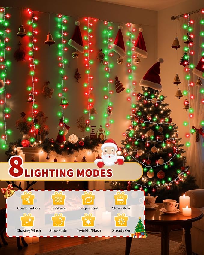 Christmas Lights String Outdoor Indoor Xmas Tree Decorations Lights Plug in Twinkle Fairy Light with Remote Timer Dimmable for Room Yard Holiday Party Wedding Decor (Red and Green 403FT 1200 LED)