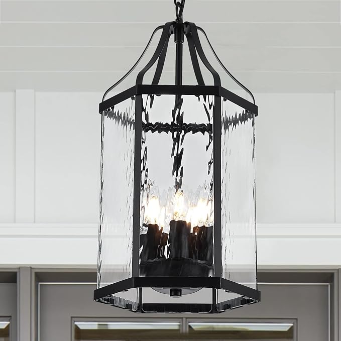10 Modern 5-Light Exterior Black Lantern Pendant Light Fixture with Clear Rippled Glass Mini Industrial Hanging Cage Chandelier for Outdoor Kitchen Dining Room Hallway Entryway Foyer Porch