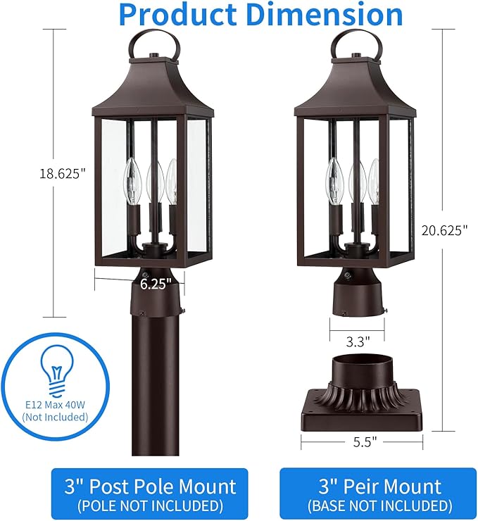 18.62'' Dusk to Dawn Post Light Outdoor Large 3-Light Lamp Post Light Fixture Modern Pillar Outside Lighting Waterproof Post Lantern Lamp Outdoor Post Light Fixtures Pole Lights for Porch Brown