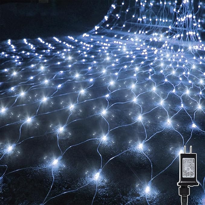 WATERGLIDE Outdoor Christmas Net Lights 12FT x 5FT 360 LED Mesh String Light with 8 Lighting Modes Connectable Waterproof Lights for Garden Tree Bushes Holiday Wedding Party Decorations White