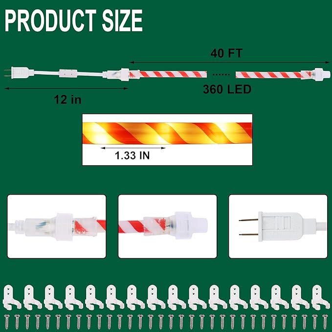 360 LED Christmas Lights 40 FT Candy Cane Rope Lights Waterproof Xmas Tree Light Connectable Tube Light Plug in for Indoor Outdoor Garden Yard Holiday Wedding Festival Party Decoration
