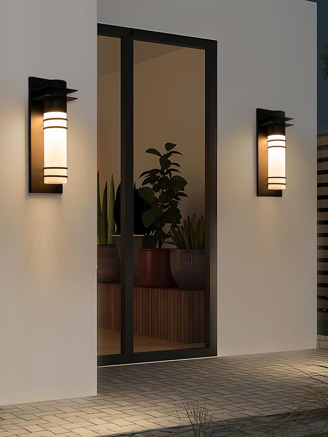 Outdoor Wall Lights Front Porch Dimmable LED Wall Sconce 10W Modern Exterior Lighting Fixture Wall Mount Black Patio Wall Lamps with Frosted Glass for House Set of 2
